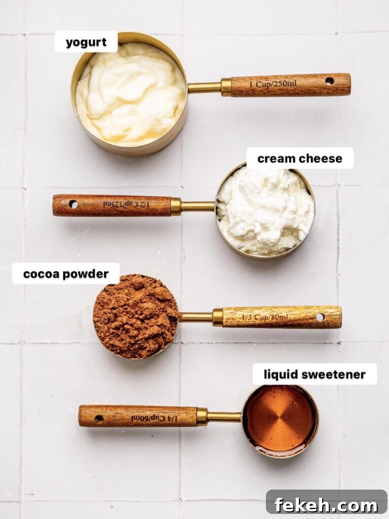 No-Bake Mini Triple Chocolate Cheesecakes Recipe 6 Chocolate Cheesecake Filling Ingredients in measuring cups.