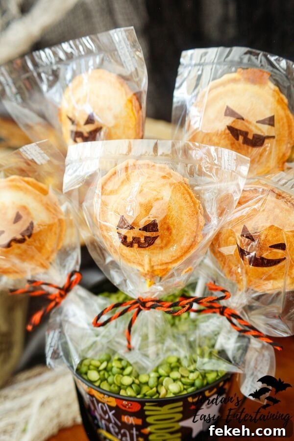 Jack-o'-Lantern Pumpkin Pie Pops Recipe for Halloween Treats 10 jack-o-lantern pumpkin pie pops displayed for a Halloween party
