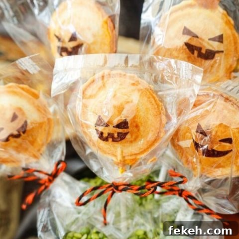 jack-o-lantern pumpkin pie pops displayed for a Halloween party