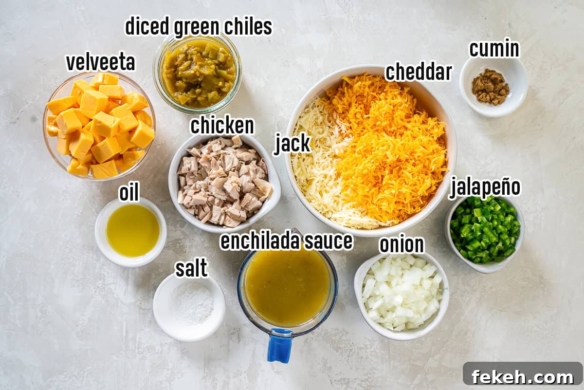 Slow Cooker Chicken Queso Dip Recipe for Game Day Snacks 3 Chicken, cheese, green enchilada sauce and other ingredients in bowls with text overlay.