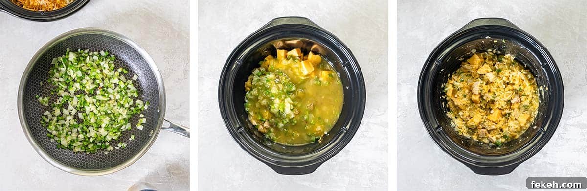 Slow Cooker Chicken Queso Dip Recipe for Game Day Snacks 5 Three images of jalapeno and onion cooking in a skillet and chicken queso dip ingredients in a slow cooker.