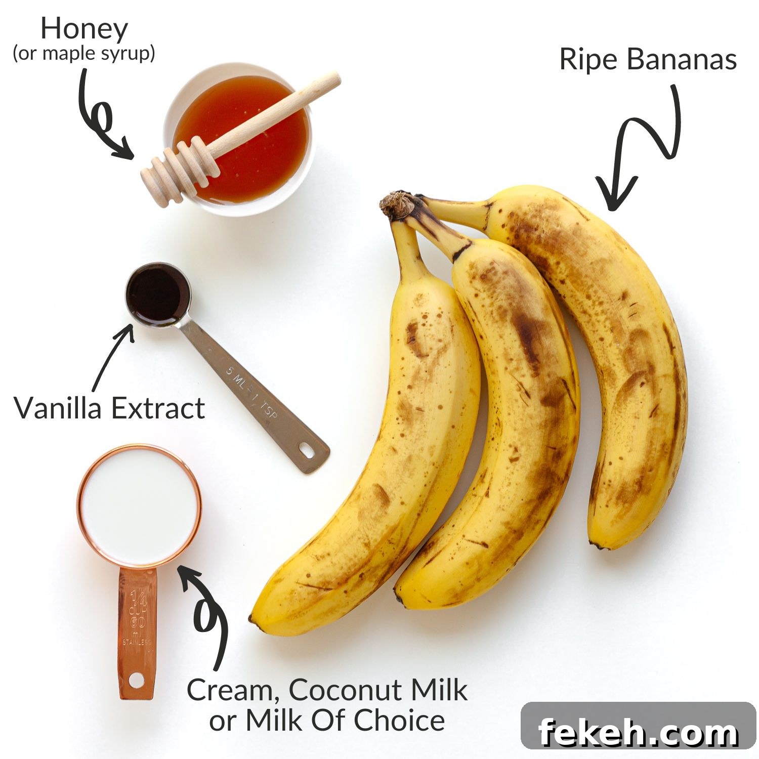 Homemade Banana Popsicles: Creamy No-Sugar Frozen Treats 4 Labelled photo of ingredients needed to make banana popsicles.