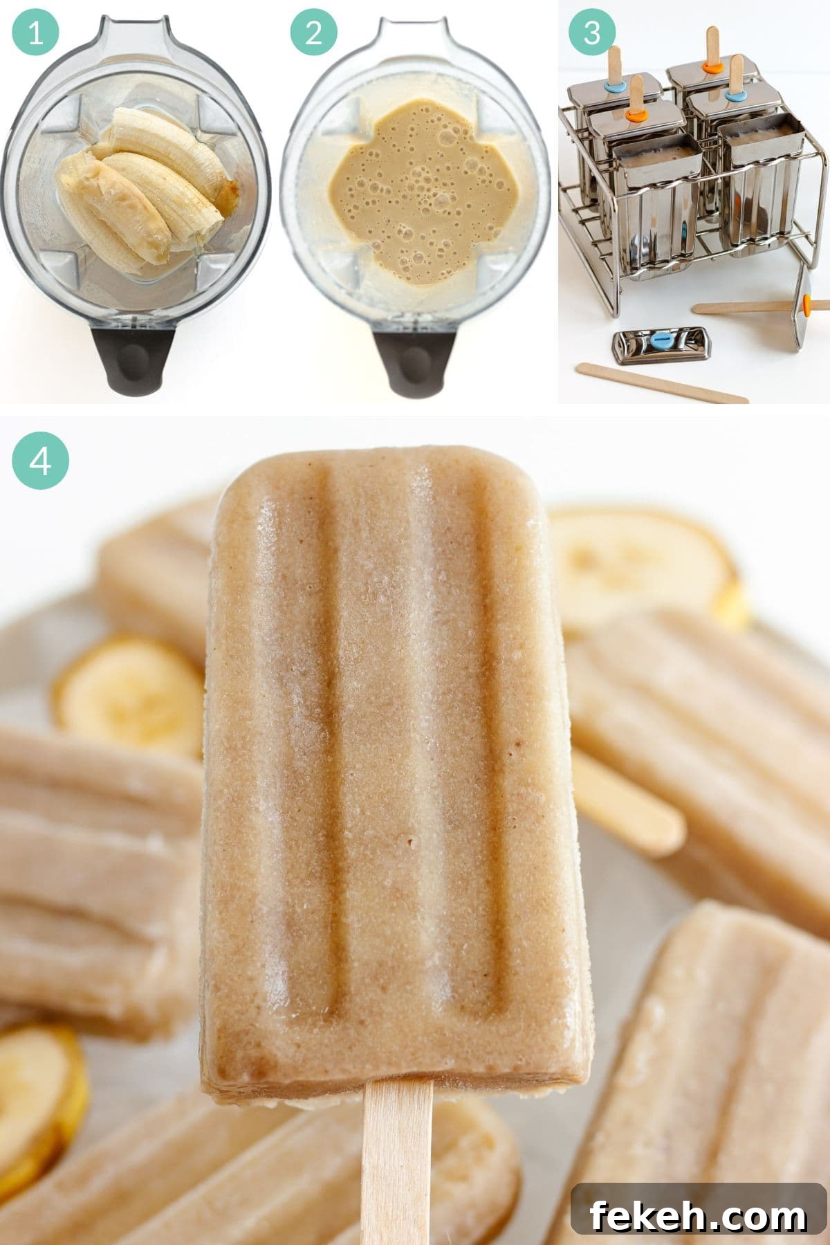 Homemade Banana Popsicles: Creamy No-Sugar Frozen Treats 5 Numbered photo collage showing how to make homemade banana popsicles.