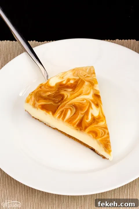 No-Bake Biscoff Cheesecake Recipe with Crunchy Cookie Crust 4 A slice of Biscoff cheesecake on a white plate with a cake slice underneath it.