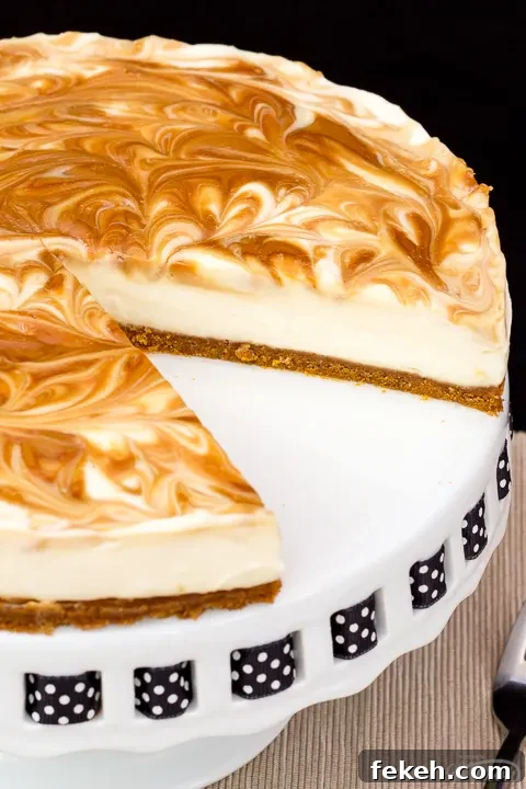 No-Bake Biscoff Cheesecake Recipe with Crunchy Cookie Crust 15 Close up of a Biscoff cheesecake with a slice out of it, set on a cake stand against a black backdrop.