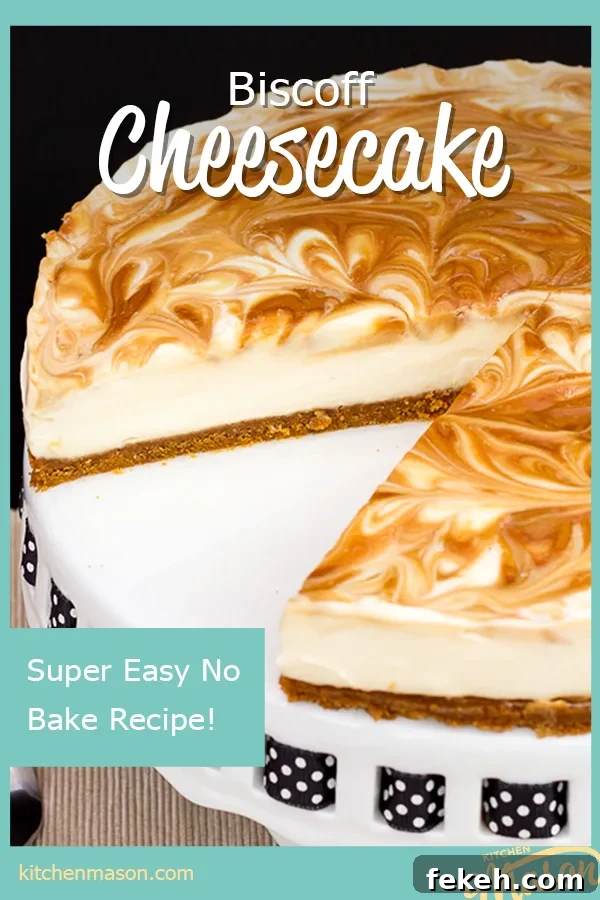 No-Bake Biscoff Cheesecake Recipe with Crunchy Cookie Crust 17 Close up of a Biscoff cheesecake with a slice out of it, set on a cake stand against a black backdrop.