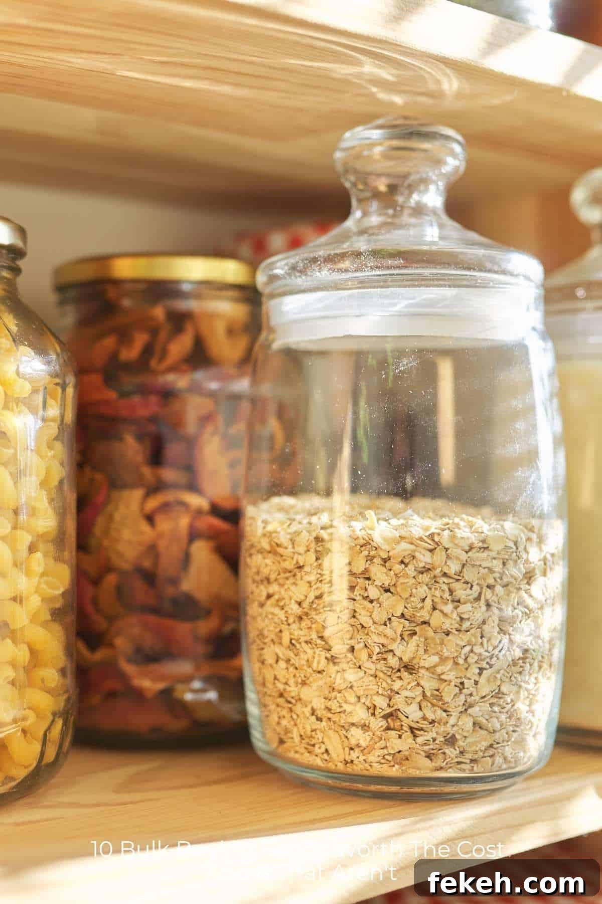 Glass jars with dry food ingredients on wooden shelf to illustrate bulk buying foods worth the money.