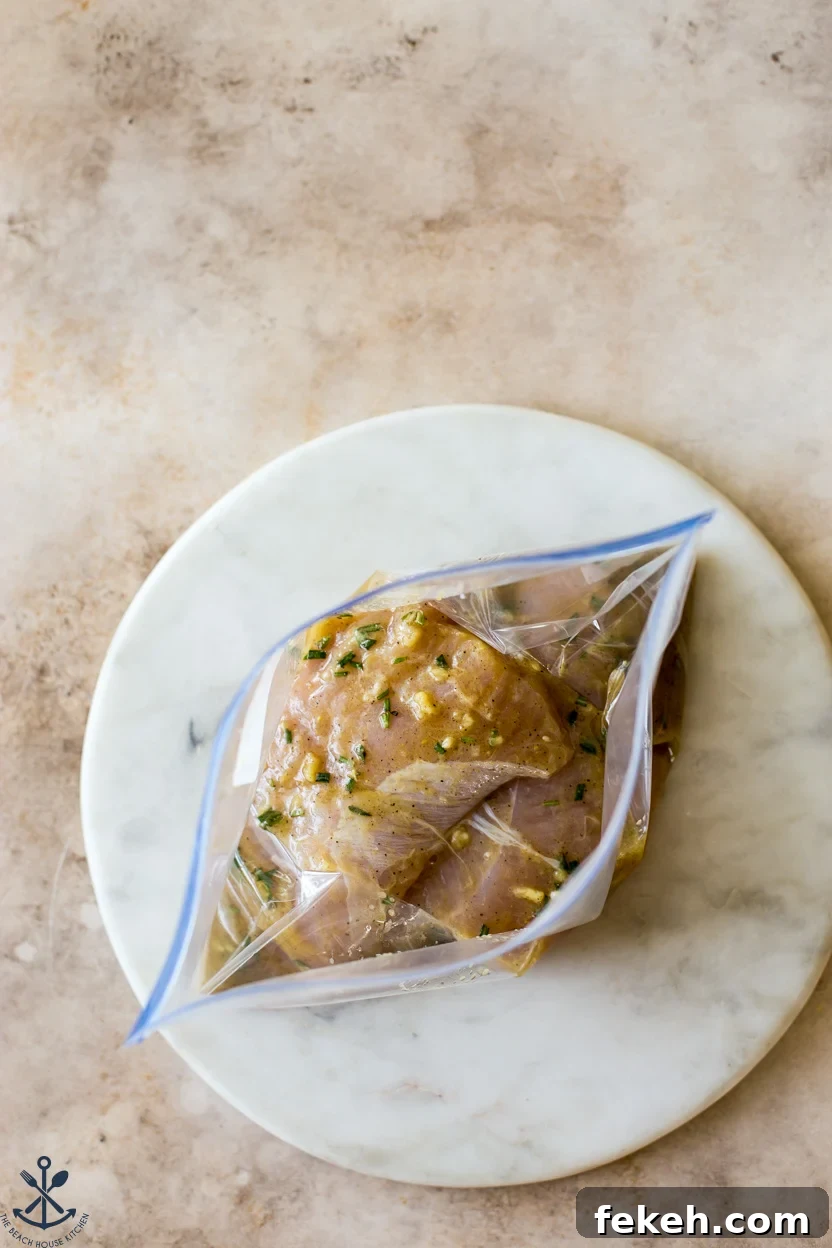 Overhead photo of a ziploc bag filled with turkey tenderloins and marinade