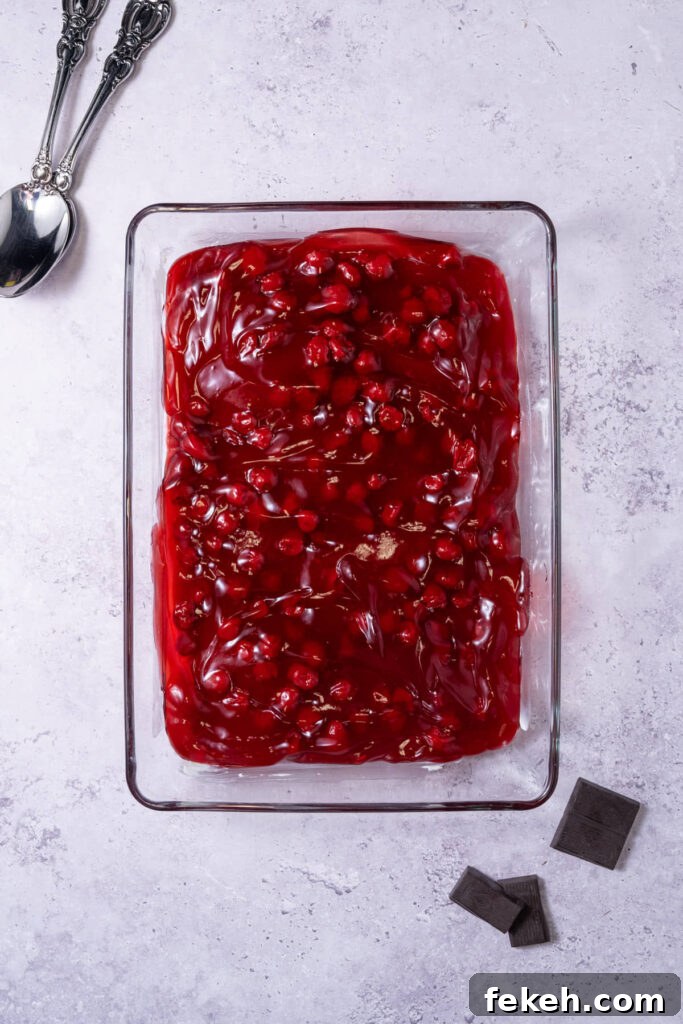4-Ingredient Chocolate Cherry Dump Cake Recipe 4 Cherry pie filling in a greased casserole dish.