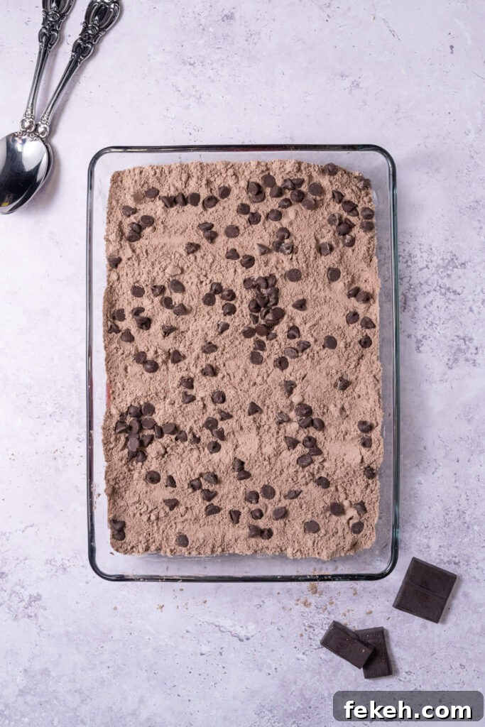4-Ingredient Chocolate Cherry Dump Cake Recipe 5 Casserole dish with chocolate box cake mix sprinkled on top of cherry pie filling and topped with chocolate chips.