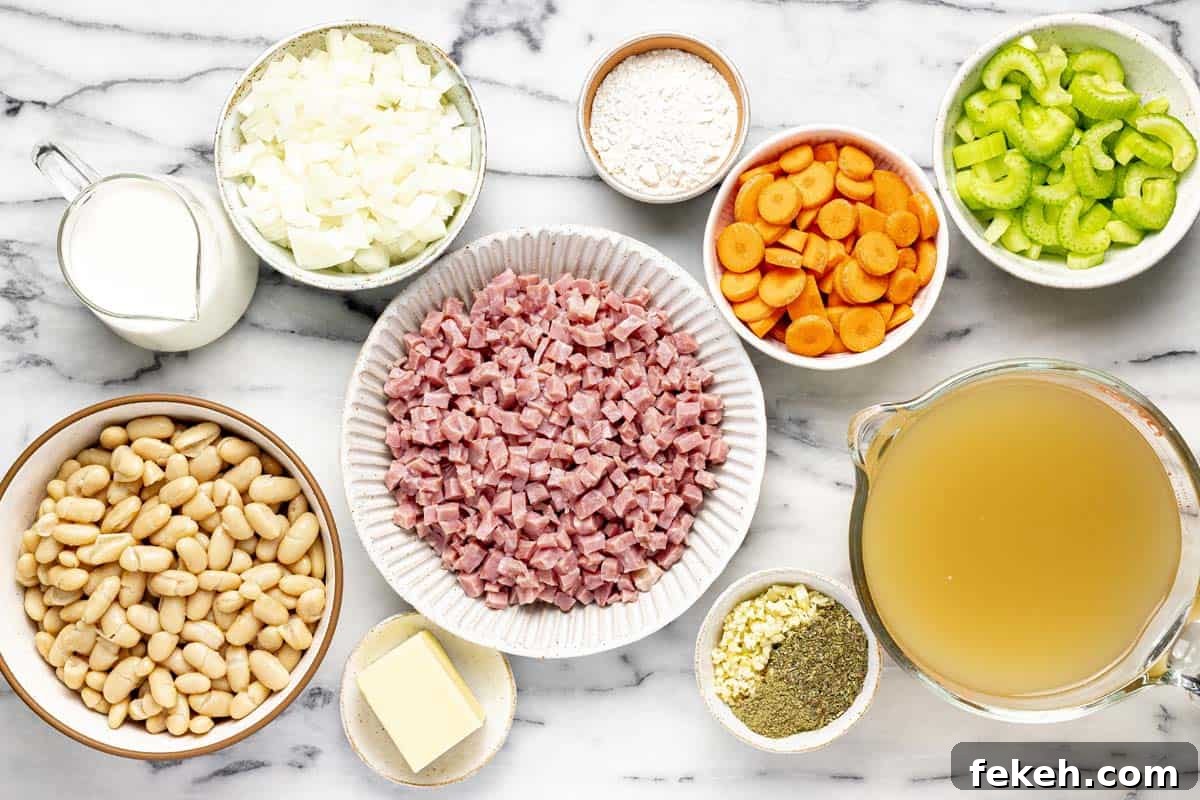 Creamy White Bean and Ham Soup Recipe for Cozy Weeknights 3 Bowls of ingredients to make white bean and ham soup.
