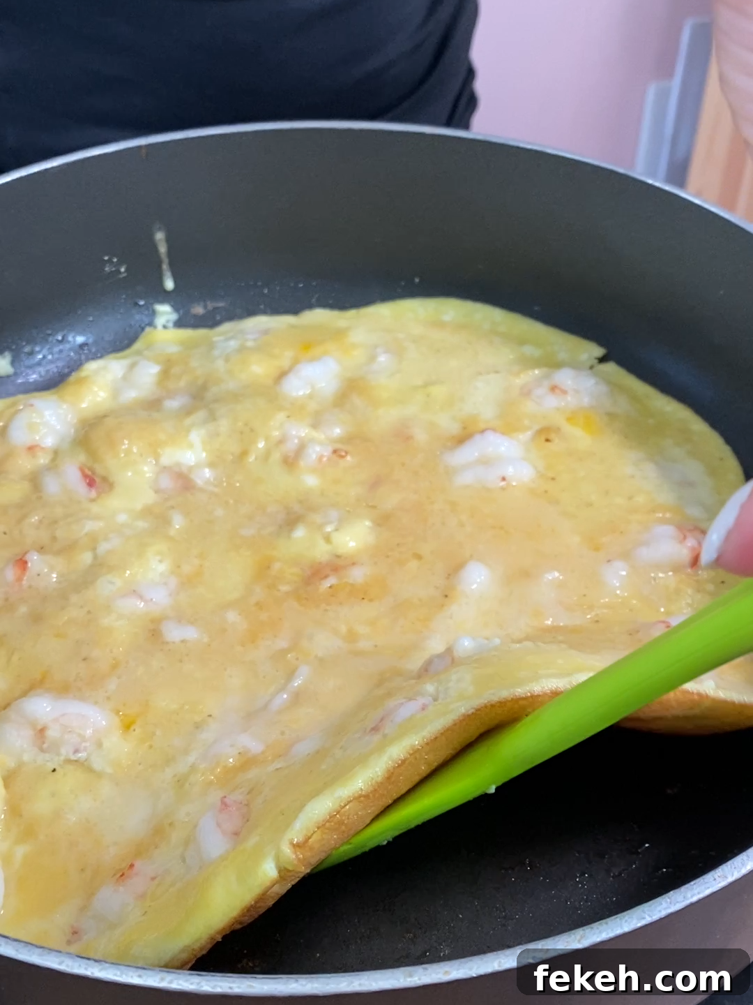 Savory Shrimp Omelette Recipe for Brunch or Quick Dinner 6 Partially cooked omelette