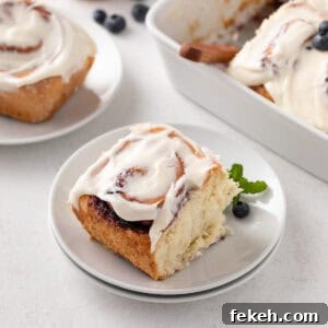 Blueberry sweet roll on a white plate.