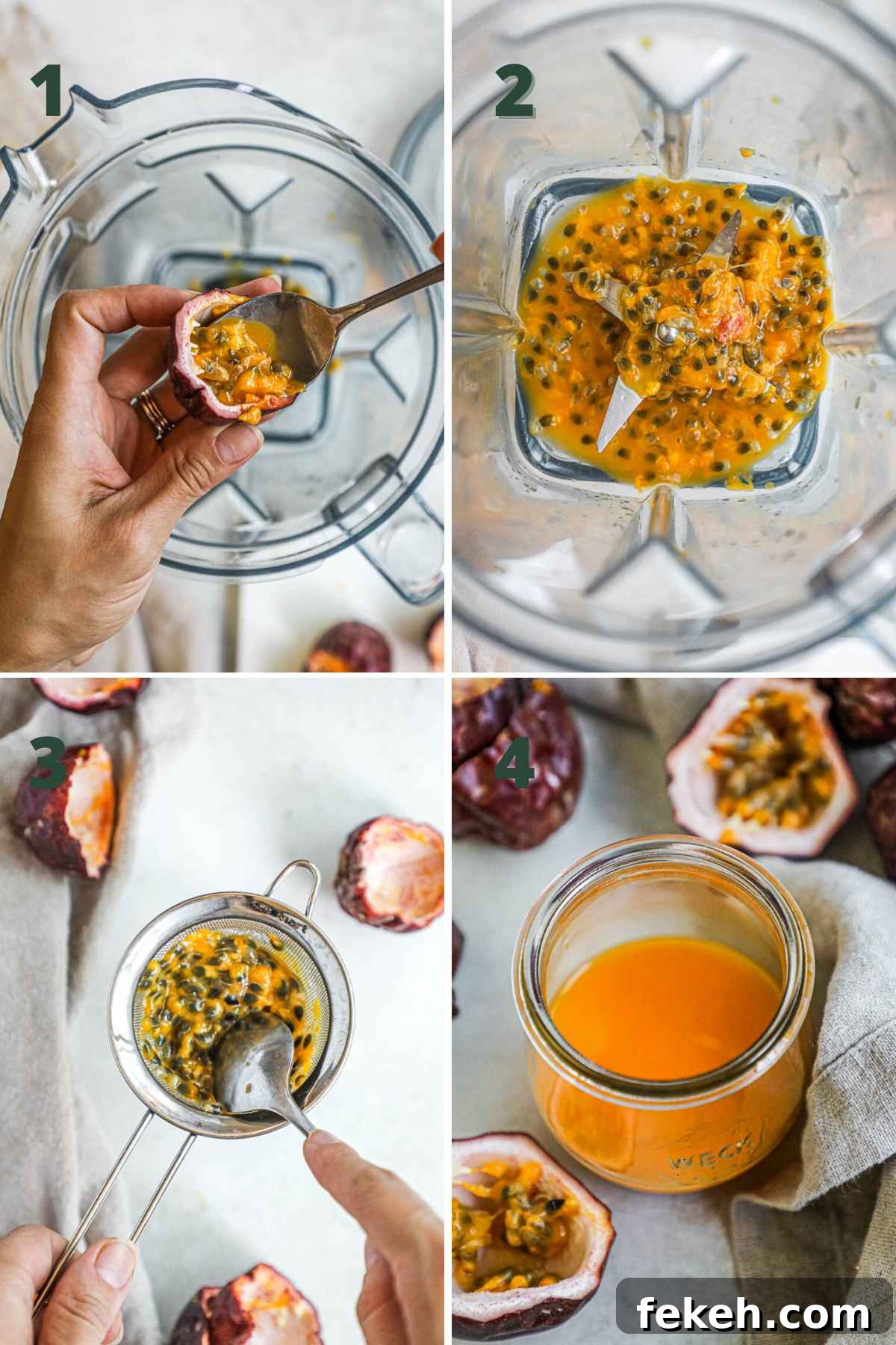 Lilikoi (Passion Fruit) Syrup Recipe for Cocktails & Desserts 4 Steps to make passion fruit (lilikoi) syrup, removing passion fruit pulp, pulsing in blender, straining in mesh sieve, and reserving juice.