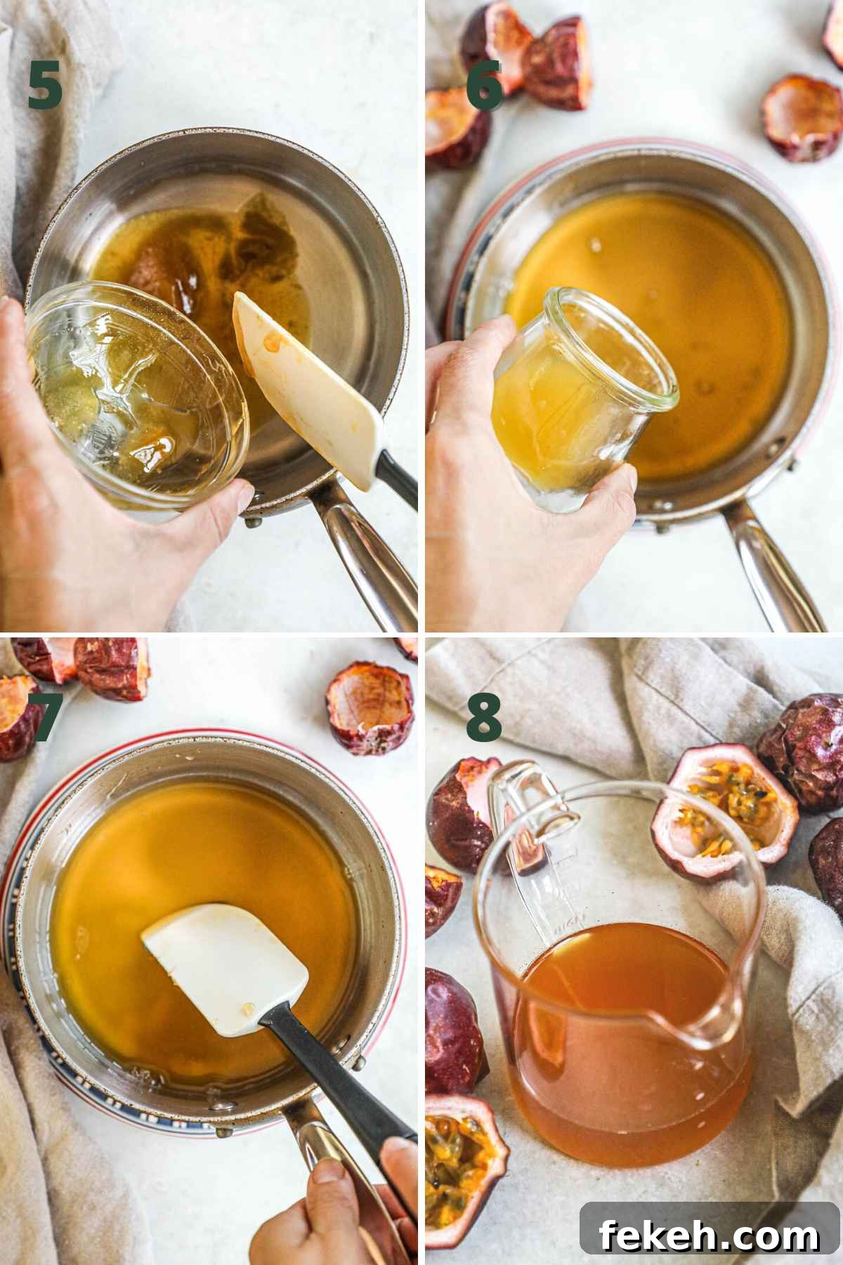 Lilikoi (Passion Fruit) Syrup Recipe for Cocktails & Desserts 5 Steps to make passion fruit (lilikoi) syrup, adding honey, water, and passion fruit pulp to a saucepan, stirring and cooking, and using for cocktails and desserts.