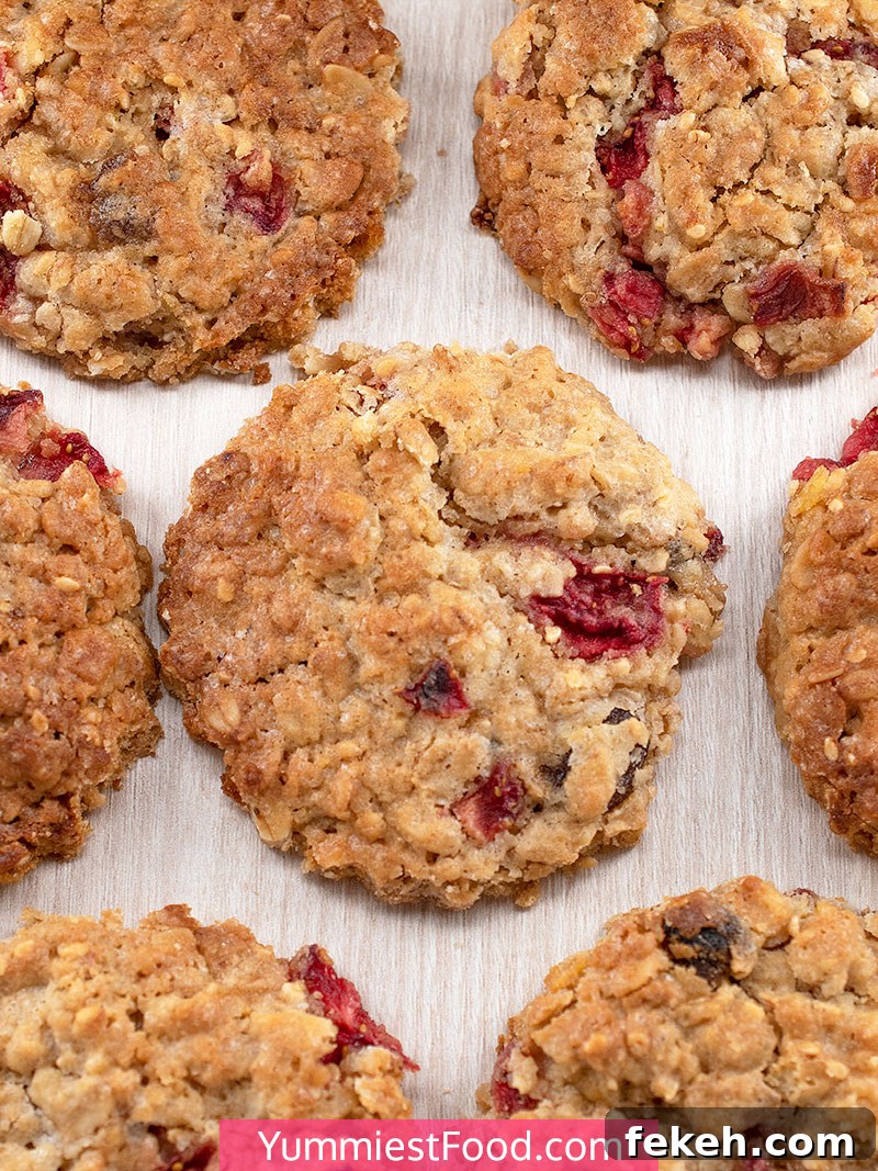 Chewy Strawberry Oatmeal Cookies with Fresh Fruit Bits 3 Strawberry Oatmeal Cookies at the table