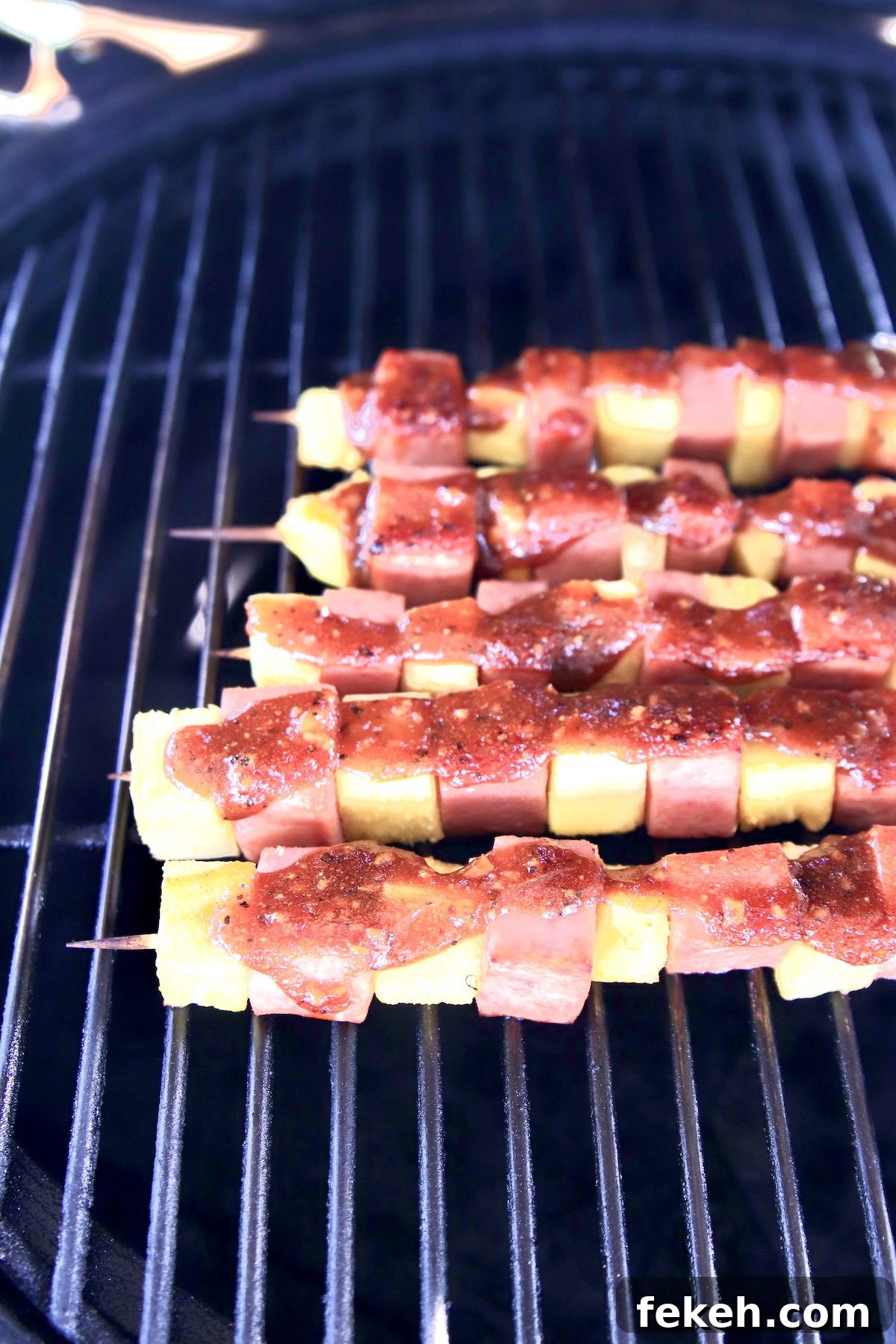 Grilled Spam and Pineapple Kabobs with Tangy BBQ Glaze 6 grilled spam kabobs with pineapple and bbq sauce