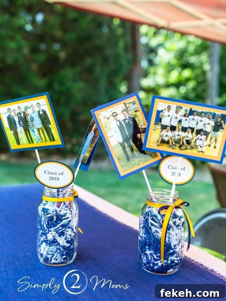 Two easy graduation party centerpieces made from mason jars and photos on sticks