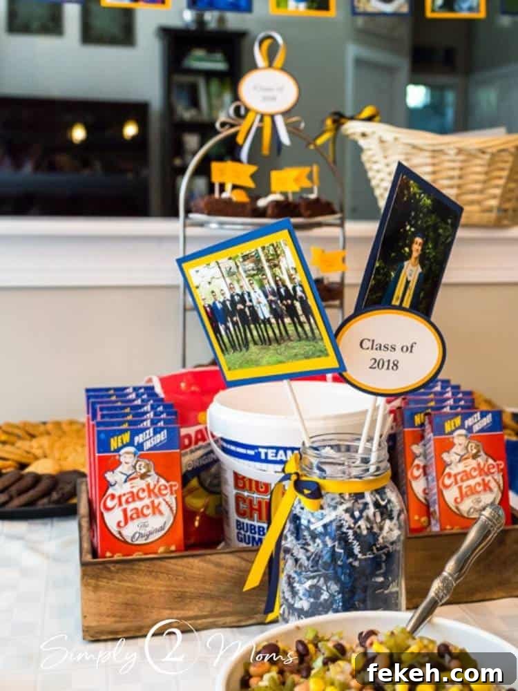 Tray of boxes of cracker jack, big league chew, and sunflower seeds on table for graduation party
