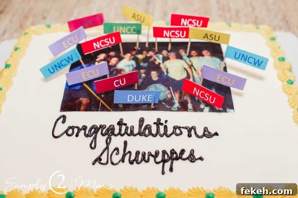 Sheet cake with a photo of friends printed on it and tiny flags with college initials for each person at a graduation party