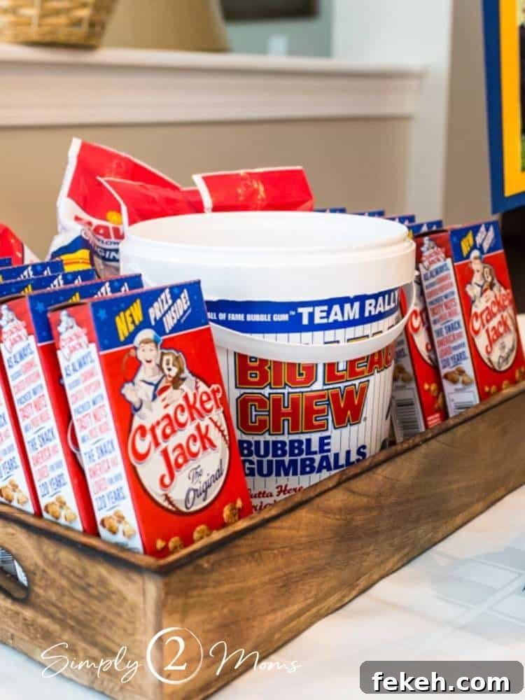 Wood tray holding boxes of Cracker Jack, tub of Big League Chew, and bags of sunflower seeds