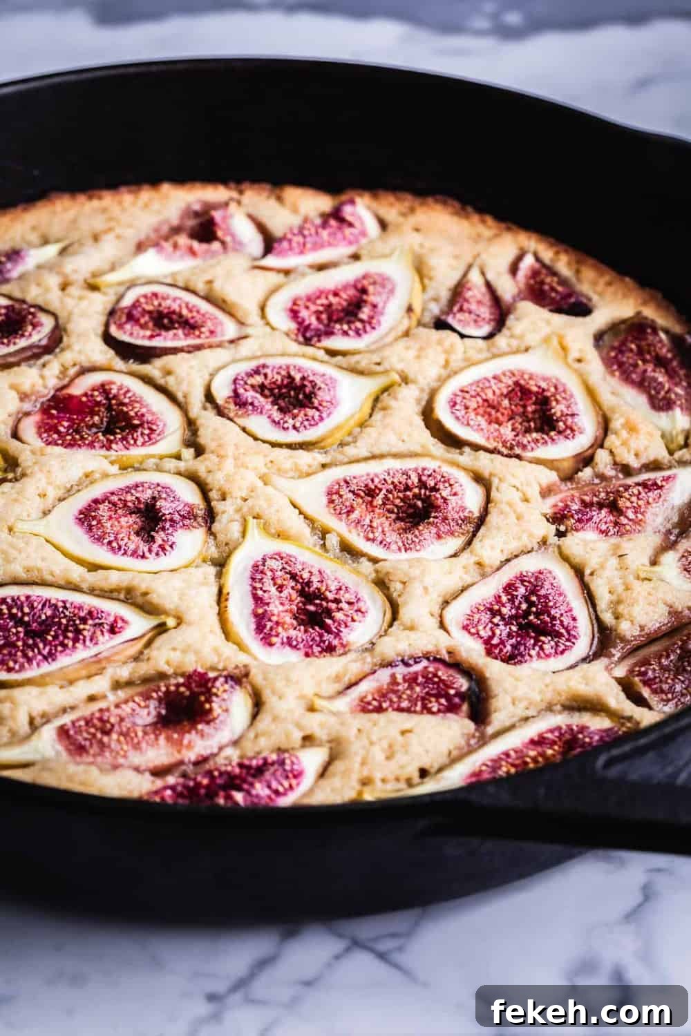 Irresistible Fall Fig Skillet Cake Recipe You’ll Crave 6 Fig cake just out of the oven, side-angle shot.