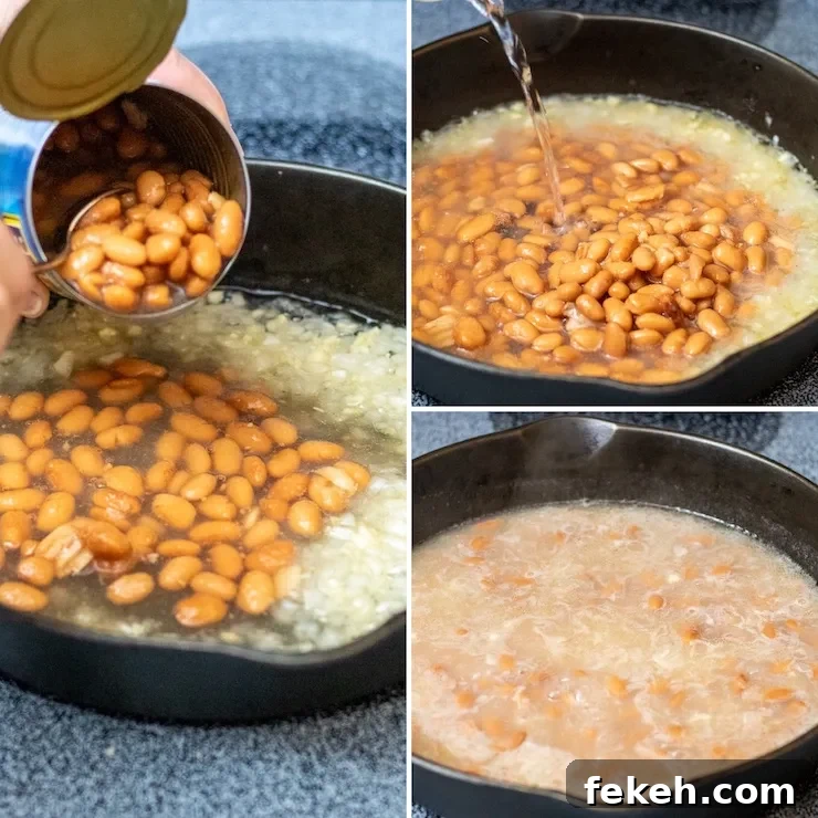Homestyle Refried Beans Recipe for Creamy, Flavorful Sides 5 Process photo collage adding canned beans, water and bringing to simmer