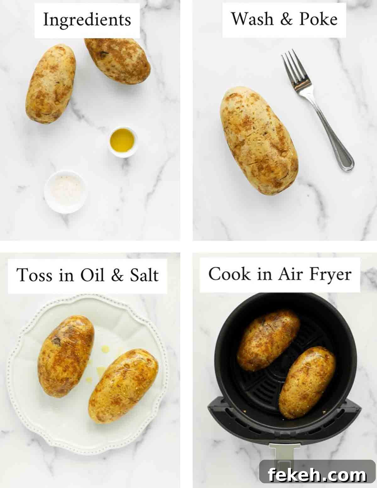 Crispy Air Fryer Baked Potatoes: Quick, Fluffy Centers 4 Four labeled images showing ingredients, poking the potatoes, coating in oil and salt, and cooking in the air fryer.
