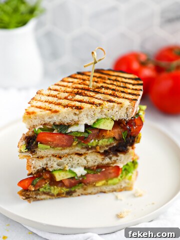 A panini with avocado, mozzarella, tomato, and basil on a white plate.