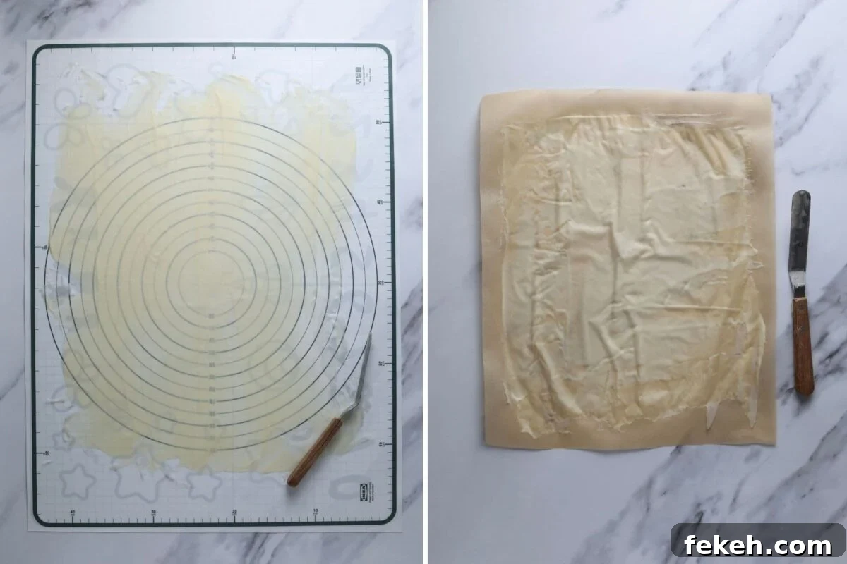 Dehydrating Sourdough Starter: Step-by-Step Guide for Storage 3 2 images side by side. The image on the left shows sourdough starter spread thinly onto an Ikea silicone baking mat and the image on the right shows sourdough starter spread thinly onto parchment paper. Both images show that the starter has been spread out with an offset spatula.