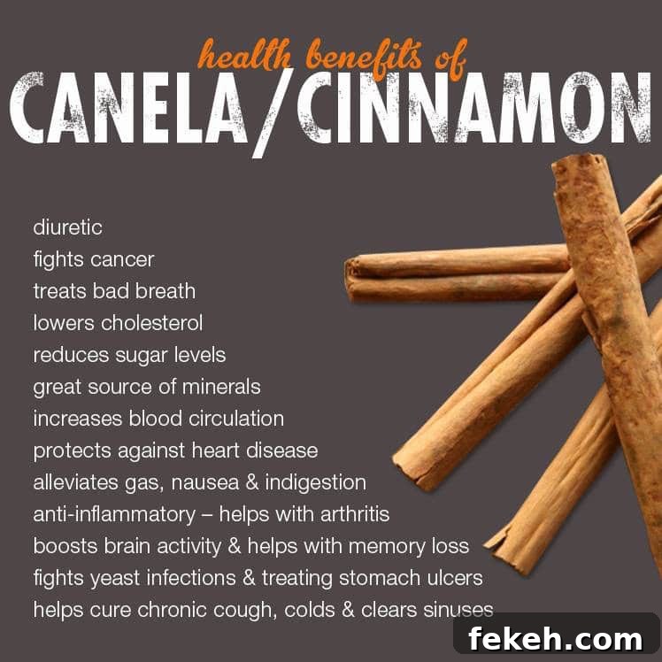 Canela: The Story and Uses of Mexican Cinnamon 6 image of 4 Mexican cinnamon sticks on a grey background with text overlay that reads "health benefits of canela/cinnamon; diuretic, fights cancer, treats bad bread, reduces sugar levels, great source of minerals, increases blood ciculation, protects against heart disease, alleviates gas, nausea, & indigestion, anti-inflammatory - helps with arthritis, boosts brain activity & helps with memory loss, fights yeast infections & treating stomach ulcers, helps cure chronic cough, colds & clears sinuses."