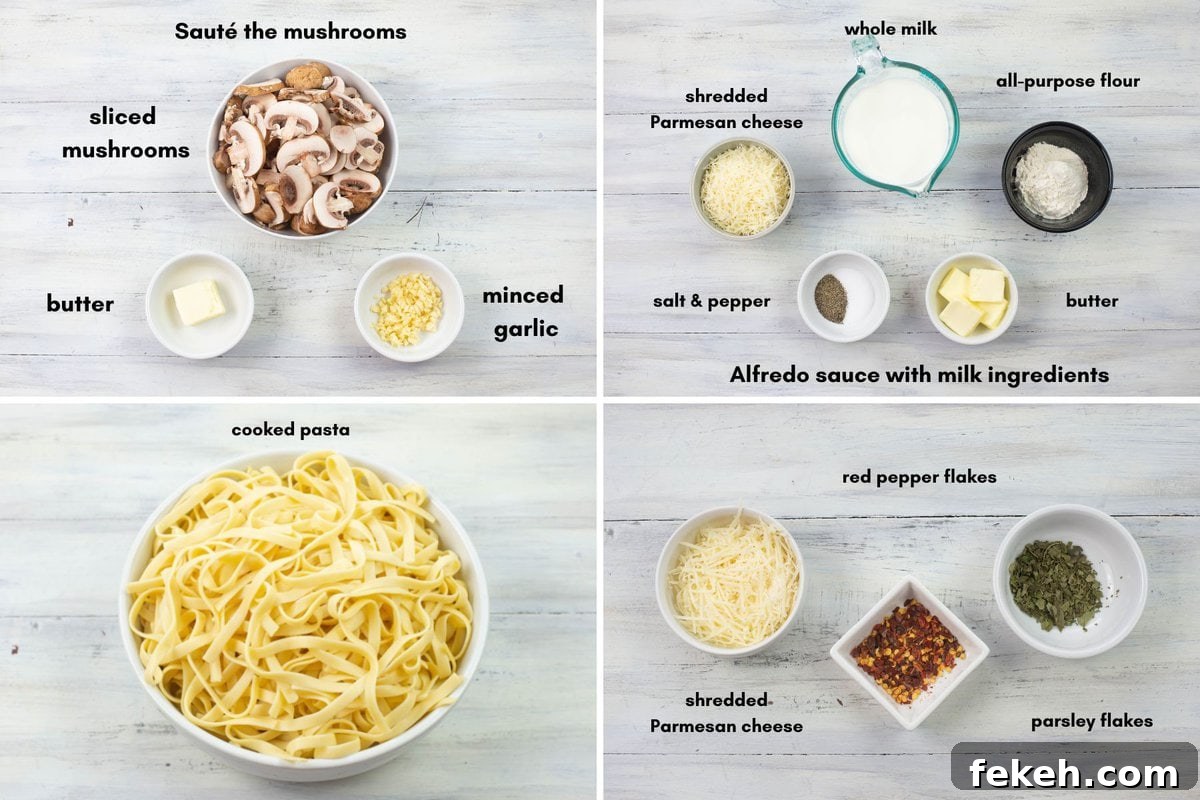 Mushroom Alfredo ingredients in a four photo collage in order of use.