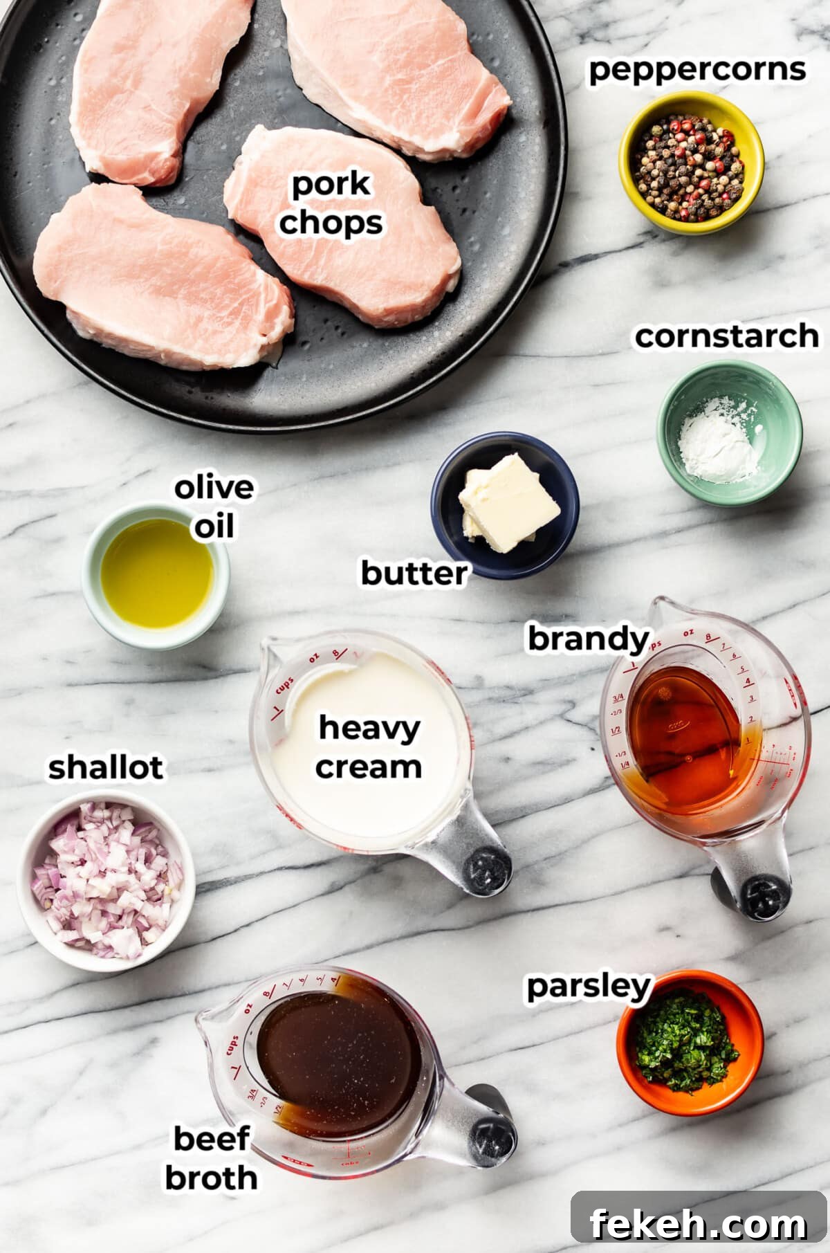 Creamy Peppercorn Sauce Pork Chops with Pan-Gravy 3 ingredients for peppercorn sauce pork chops in prep bowls