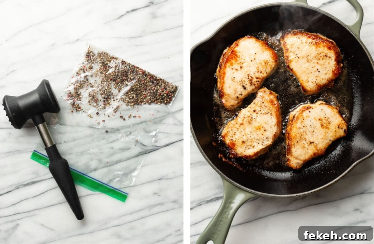 Creamy Peppercorn Sauce Pork Chops with Pan-Gravy 4 crushing peppercorns with a meat mallet and pan searing pork chops in a skillet