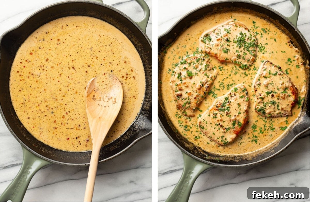 Creamy Peppercorn Sauce Pork Chops with Pan-Gravy 6 making peppercorn brandy sauce in a skillet and adding pork chops
