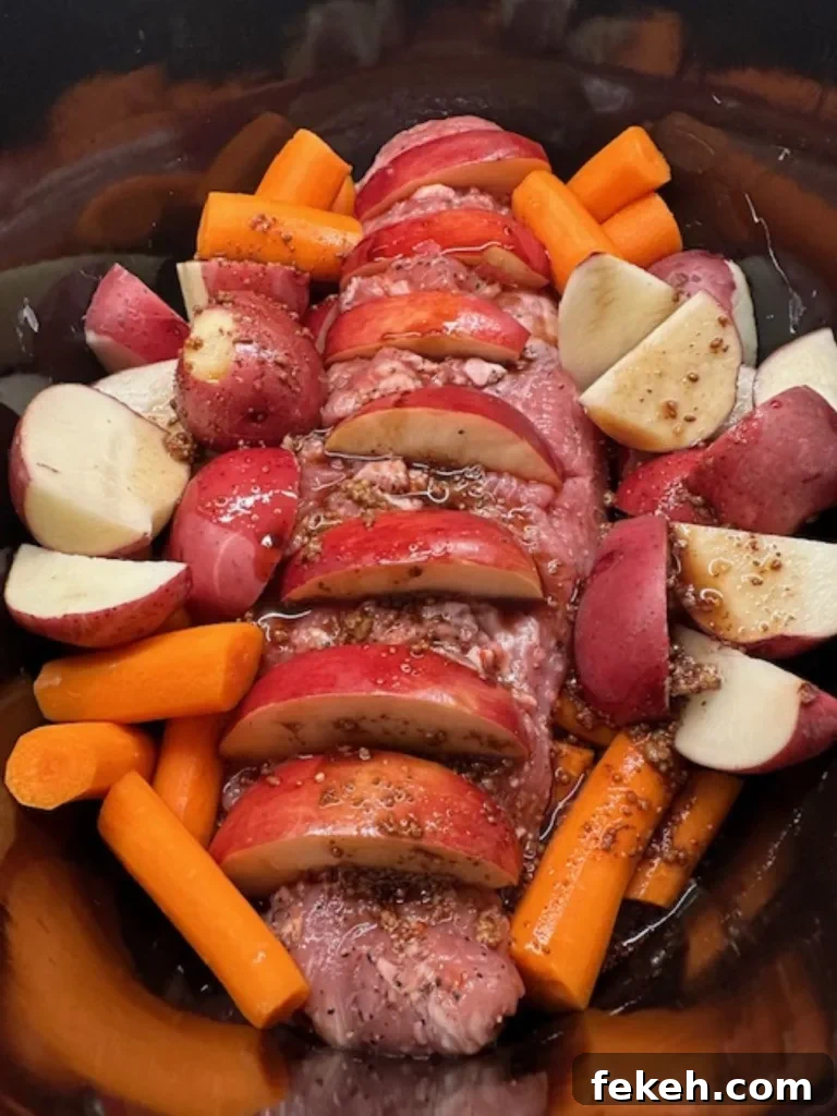 Slow Cooker Pork Tenderloin Recipe the Whole Family Will Love 4 Uncooked pork tenderloin in slow cooker with red potatoes and carrots ready to for the oven