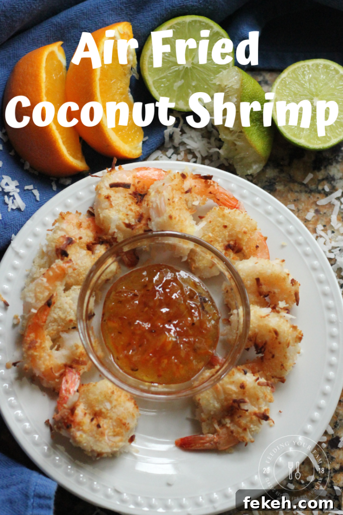 Crispy Air-Fried Coconut Shrimp Recipe with Tangy Dipping Sauce 2 Air Fried Coconut Shrimp cooked to golden brown, served with an Orange Lime Dipping Sauce.