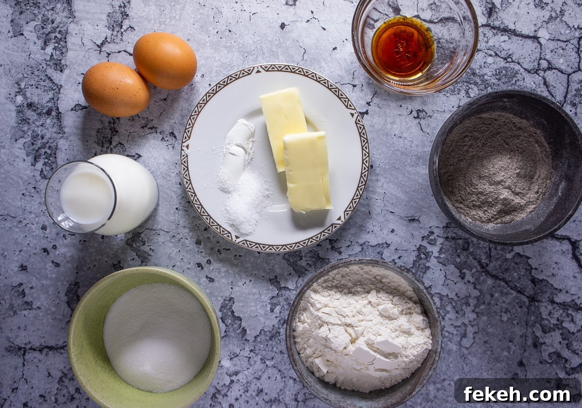 Ingredients for making buckwheat flour pancakes including eggs, sugar, milk, butter, and flour.