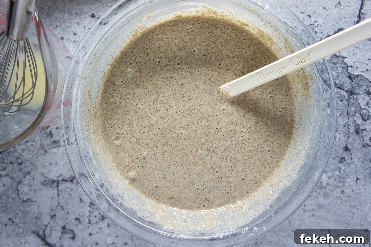 buckwheat flour pancake batter in a large glass bowl.