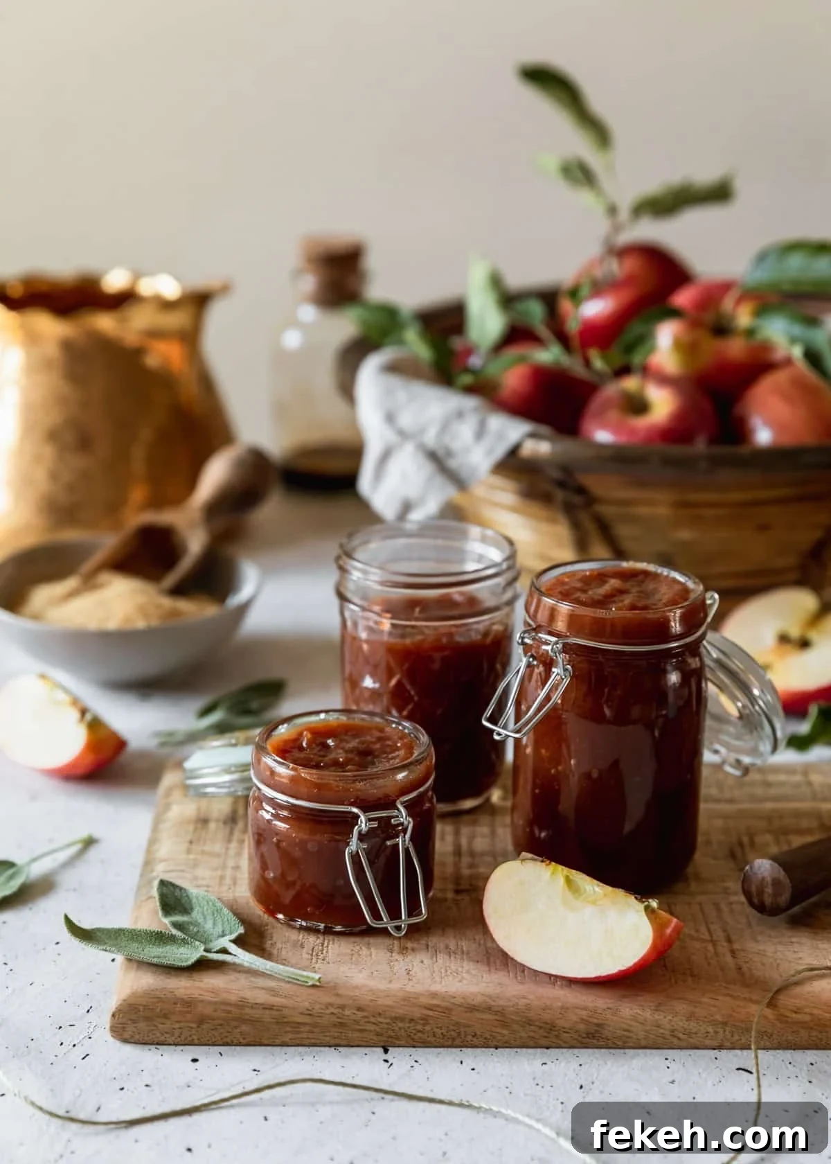 A side image of three jars of sage apple butter on a wood board placed on a grey counter. In the background is a basket of apples, gold teapot, grey bowl of sugar, apple slices, and sage leaves.