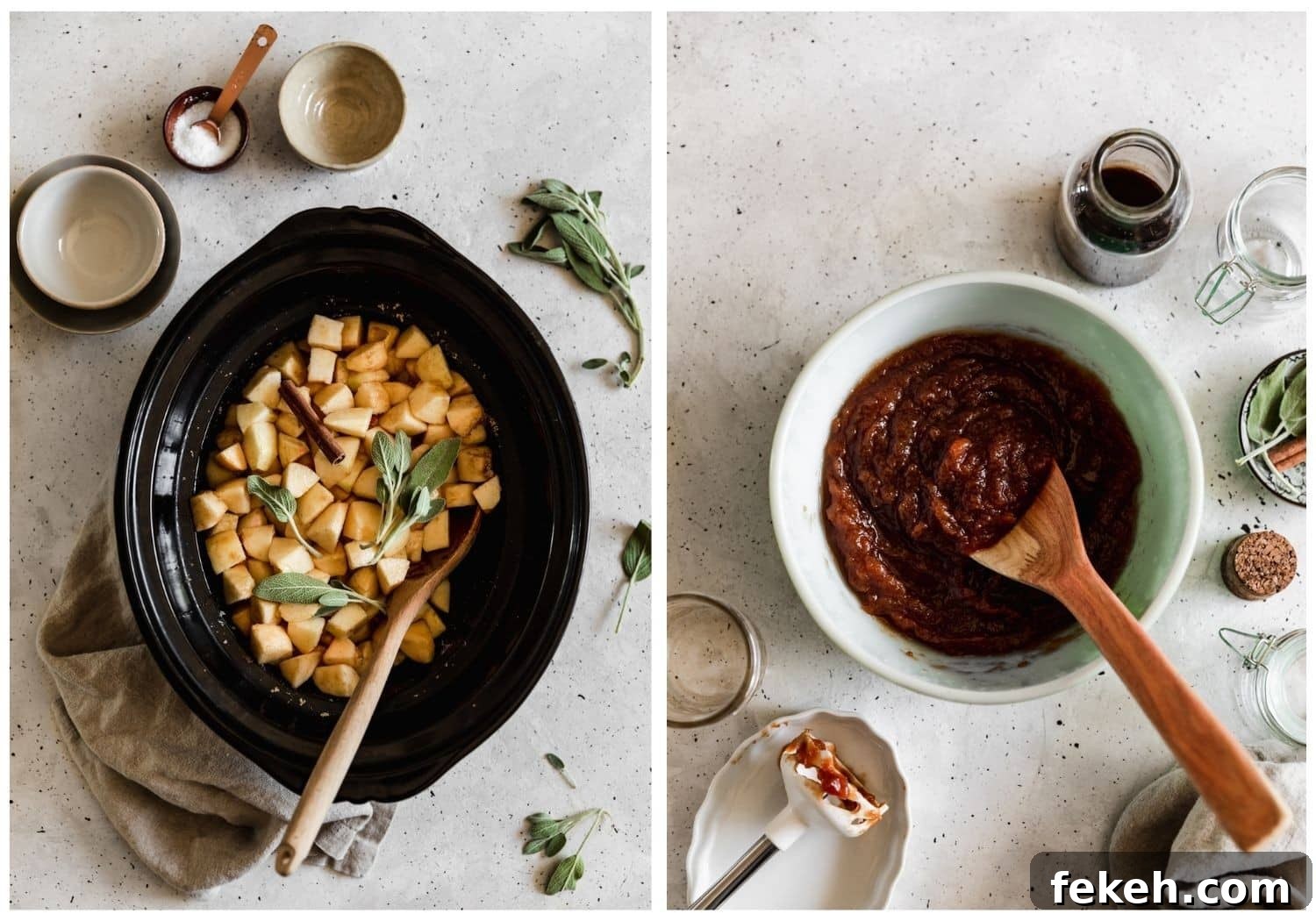Two overhead images; on the left, a black slow cooker with diced apples and sage on a grey counter next to empty white bowls. On the right, a white bowl of jam with a wood spoon sticking out of it next to a beige linen, jars, and a bottle of vanilla extract.