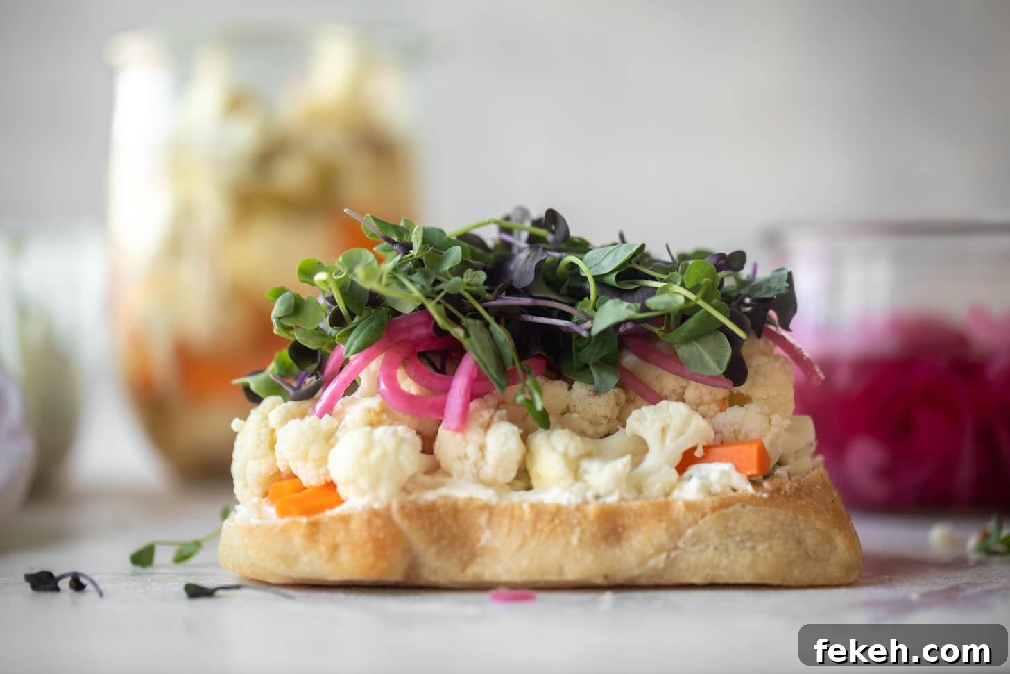 pickled veggie sandwich with scallion cream cheese