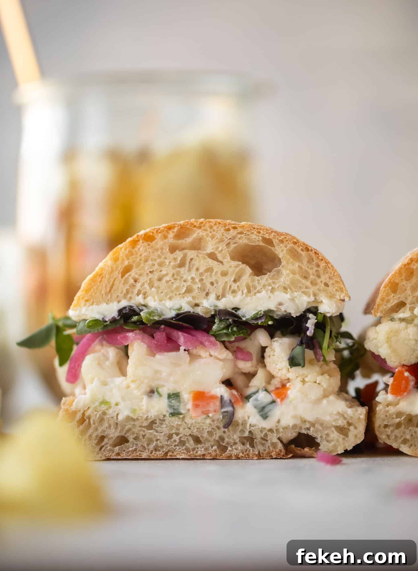 pickled veggie sandwich with scallion cream cheese