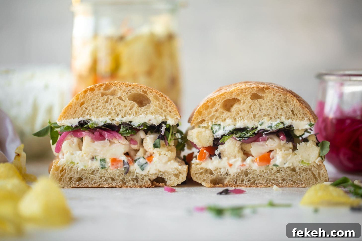 pickled veggie sandwich with scallion cream cheese