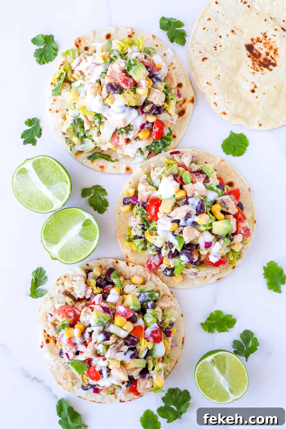 Crispy Chicken Salad Tostadas with Avocado and Lime 2 Top view of chicken tostadas.