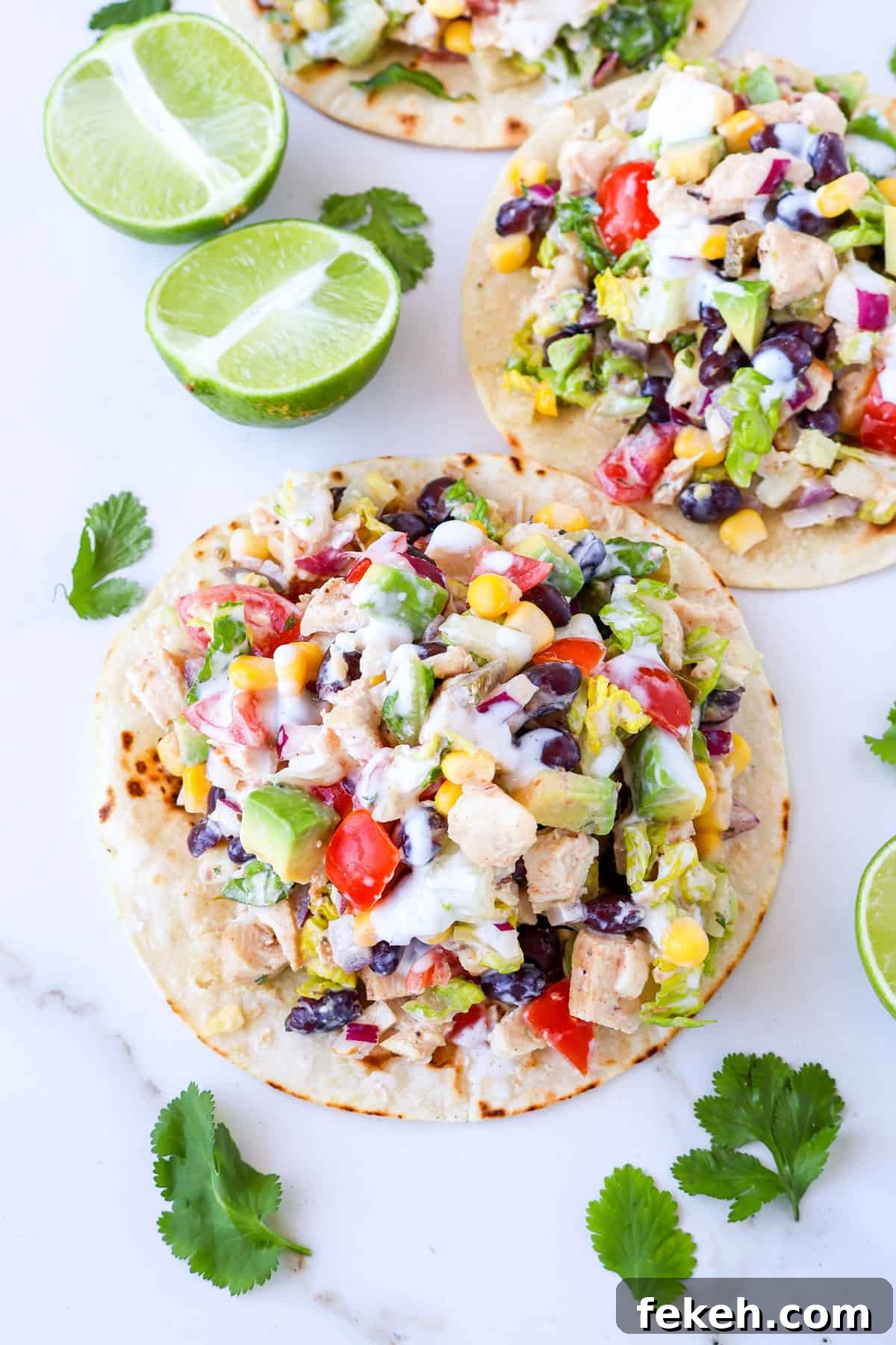 Crispy Chicken Salad Tostadas with Avocado and Lime 3 Close up shot of chicken tostadas.
