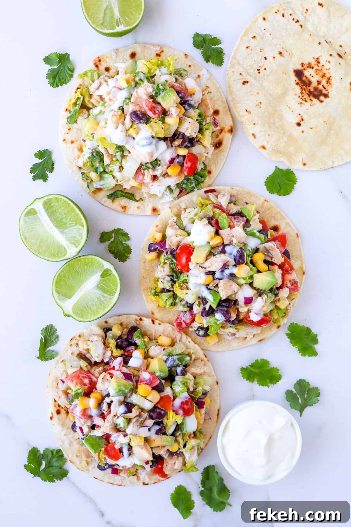 Crispy Chicken Salad Tostadas with Avocado and Lime 8 Top view of chicken salad tostadas.