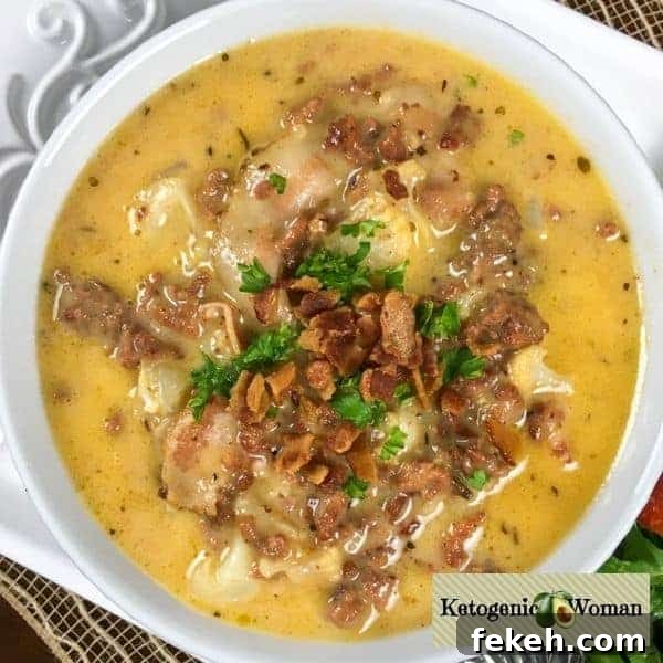 bowl of keto cheeseburger soup topped with bacon