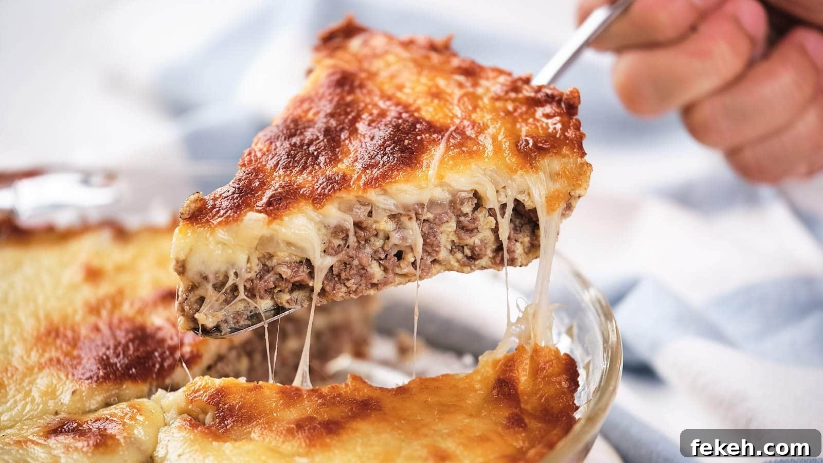 19 Kid-Approved Recipes Kids Beg For (Parents Love Them Too) 2 A slice of cheeseburger pie being lifted, showing layers of meat and melted cheese.