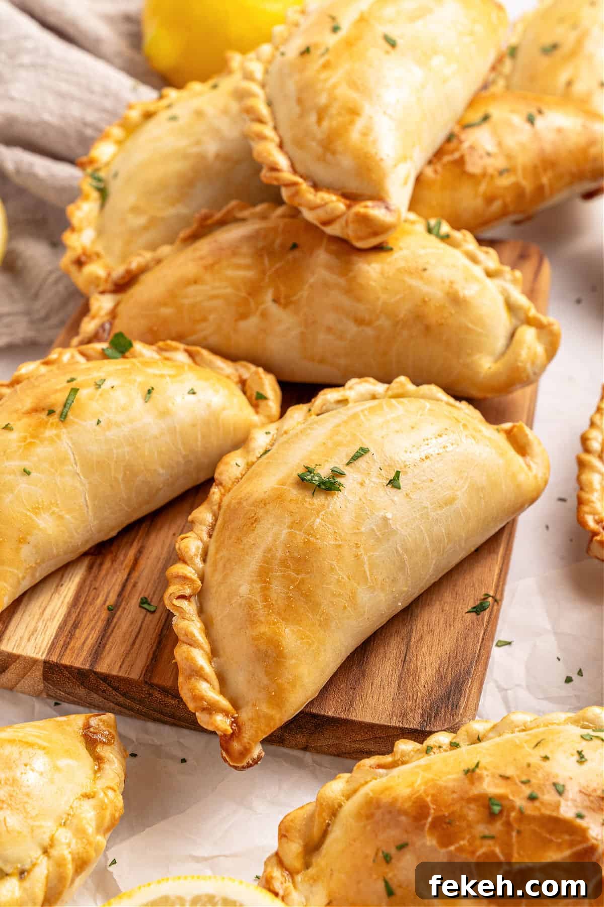 Corn Basil Handpies Several meat empanadas on a wooden board.